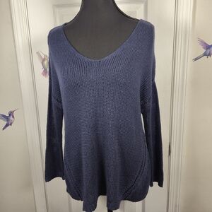 Metaphor Navy Blue Pointelle Knit V-Neck Sweater High Low Hem Medium